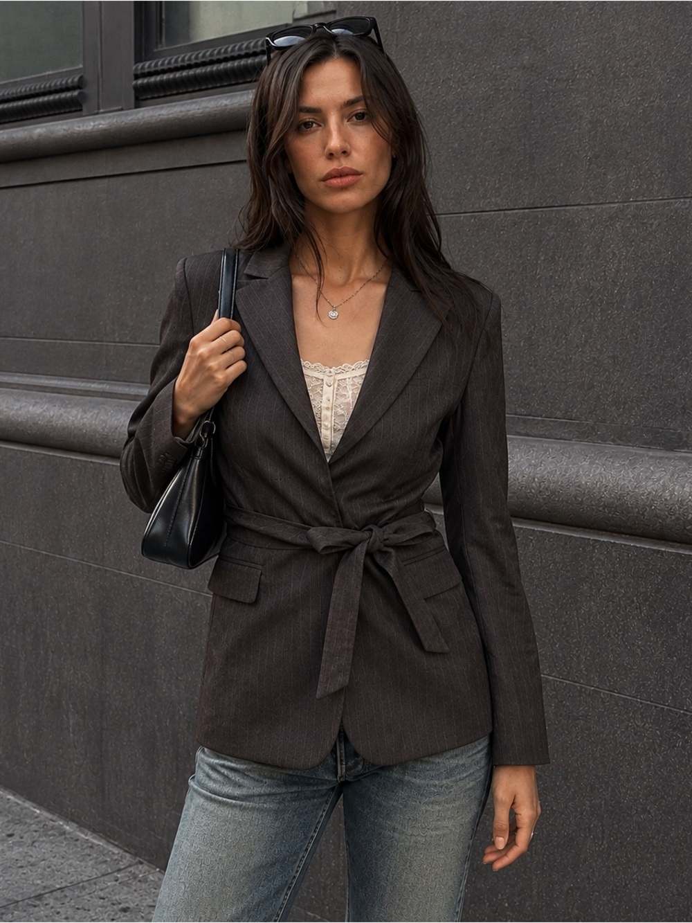 BCBGMAXAZRIA Y2K Chocolate Brown Pinstripe Wrap Blazer Belted M